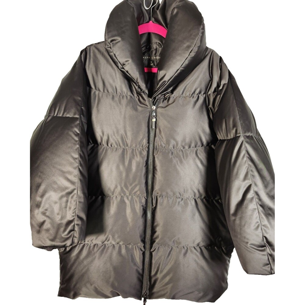 Ralph Lauren Black Label Puffer Jacket Sz 14 Womens Front Zip Pillow Neck